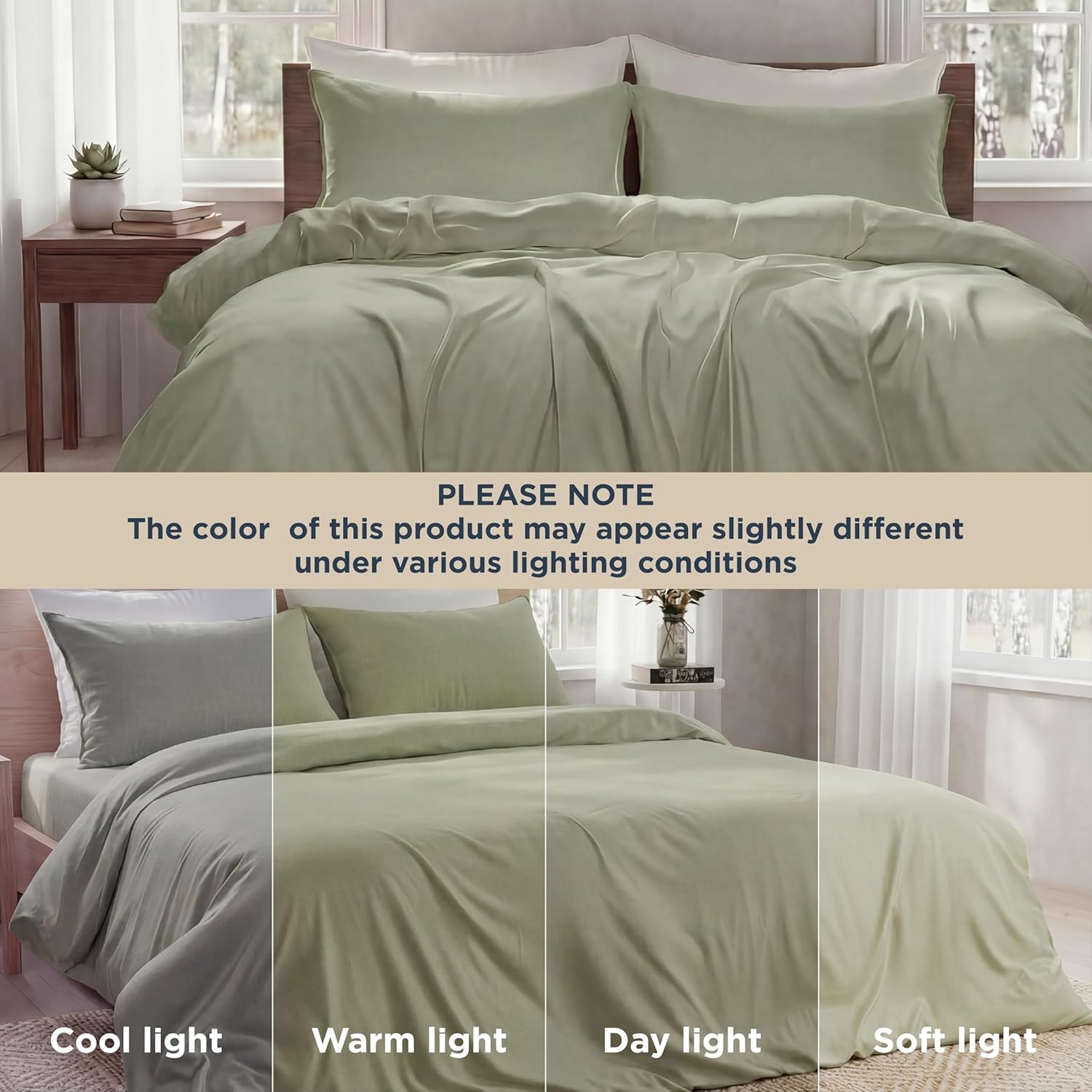 Duvet Cover Set Queen Size Silky Soft Cooling, Rayon Blend from Bamboo, Breathable Durable Bedding for All Seasons, Include 1 Duvet Cover 90"x90" with Zipper & 2 Pillowcases, Green 2