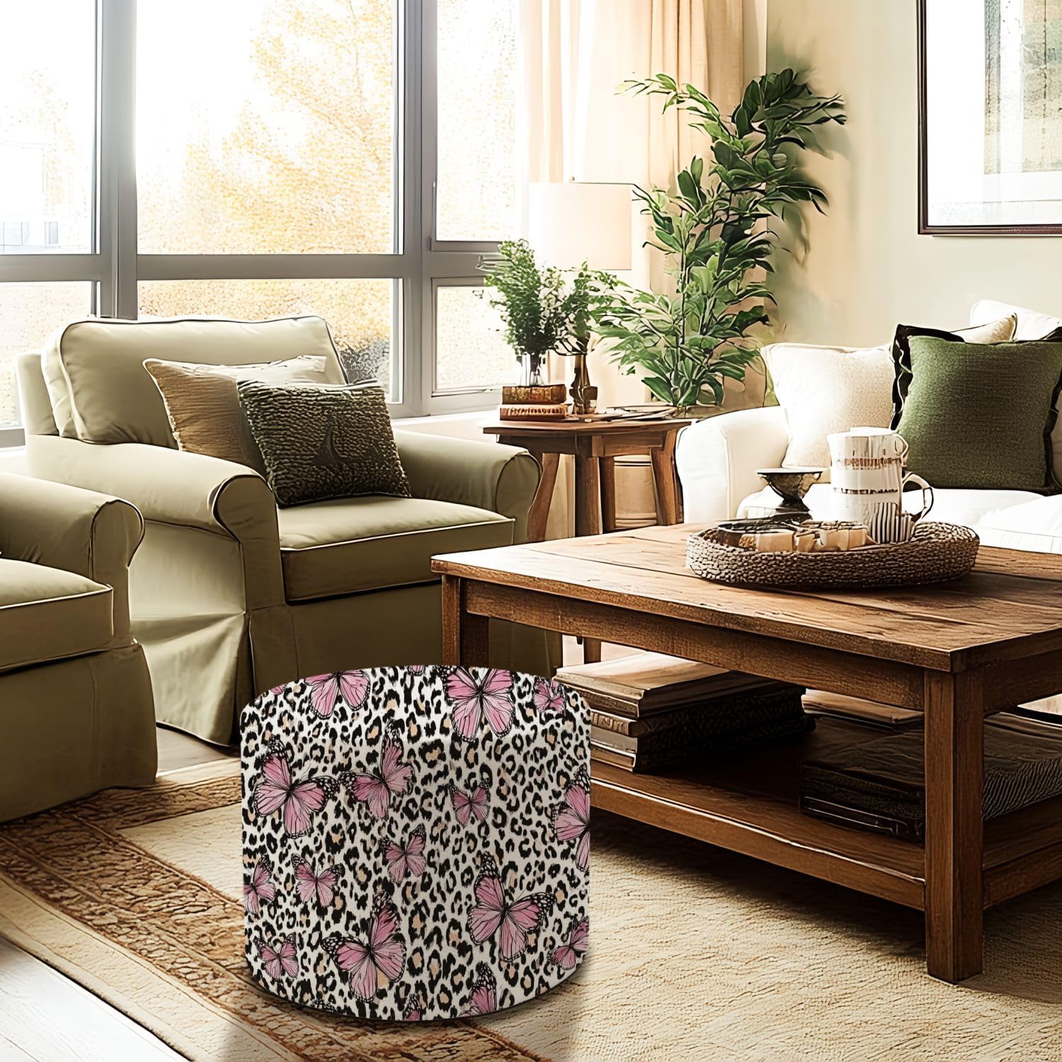 Round Pouf Ottoman Pink Butterfly Leopard Design Seamless Repeat Fashion etc Foot Stool Foot Rest Floor Stool Bean Bag Chair Cotton Linen Removable Indoor Outdoor for Living Room Bedroom