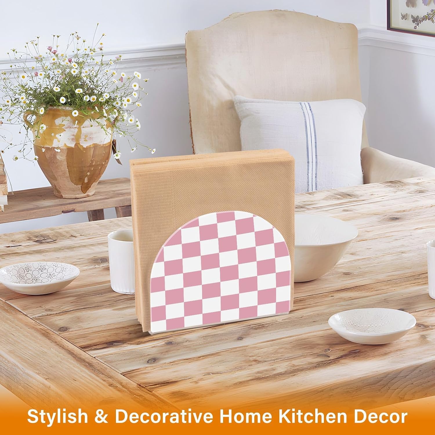 ALAZA Pink White Checkered Napkin Holders image 2