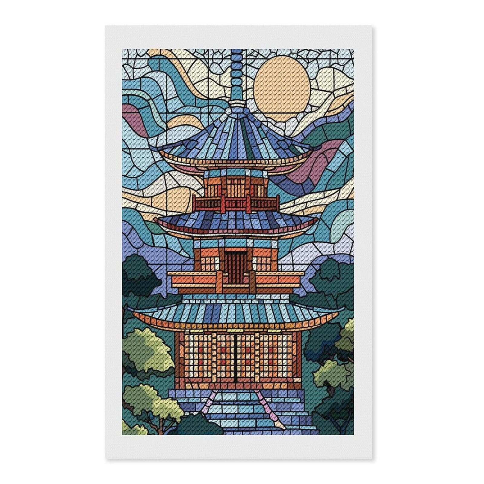 Junmoney Stained Glass Pagoda Landscape DIY Diamond Art Canvas Kit 12"x20", Relaxing DIY, Sparkling Crystal Beads, Vintage Style Decor, Holiday Gift Idea
