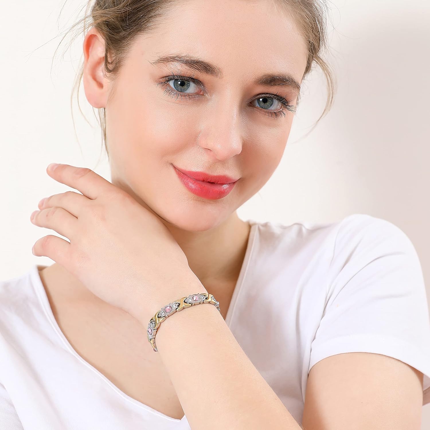 Ultra Strength Magnetic Bracelet for Woman - 3,500 Gauss Per Magnet -Crystal Bracelet - Adjustable Length -Pulseras Magneticas (Silver Gold) - Image 3