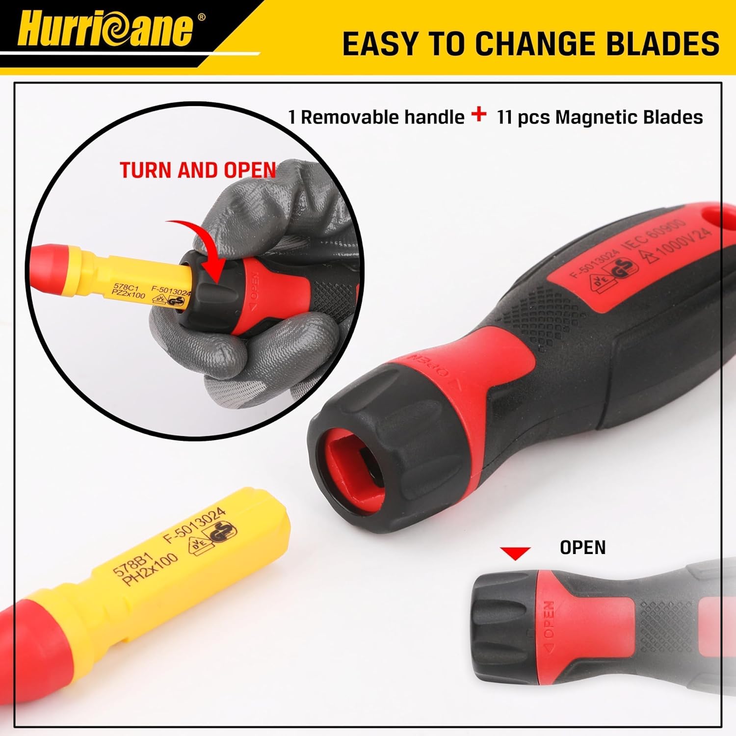 HURRICANE 13 Piece 1000V Insulated Electrician Screwdriver Set, Cr-V Magnetic Tip. 4 slotted, 2 Phillips, 2 Pozidriv, 3 Torx, 1 Electroprobe, and 1 handle. Ideal for Professional & Home Repair image 4