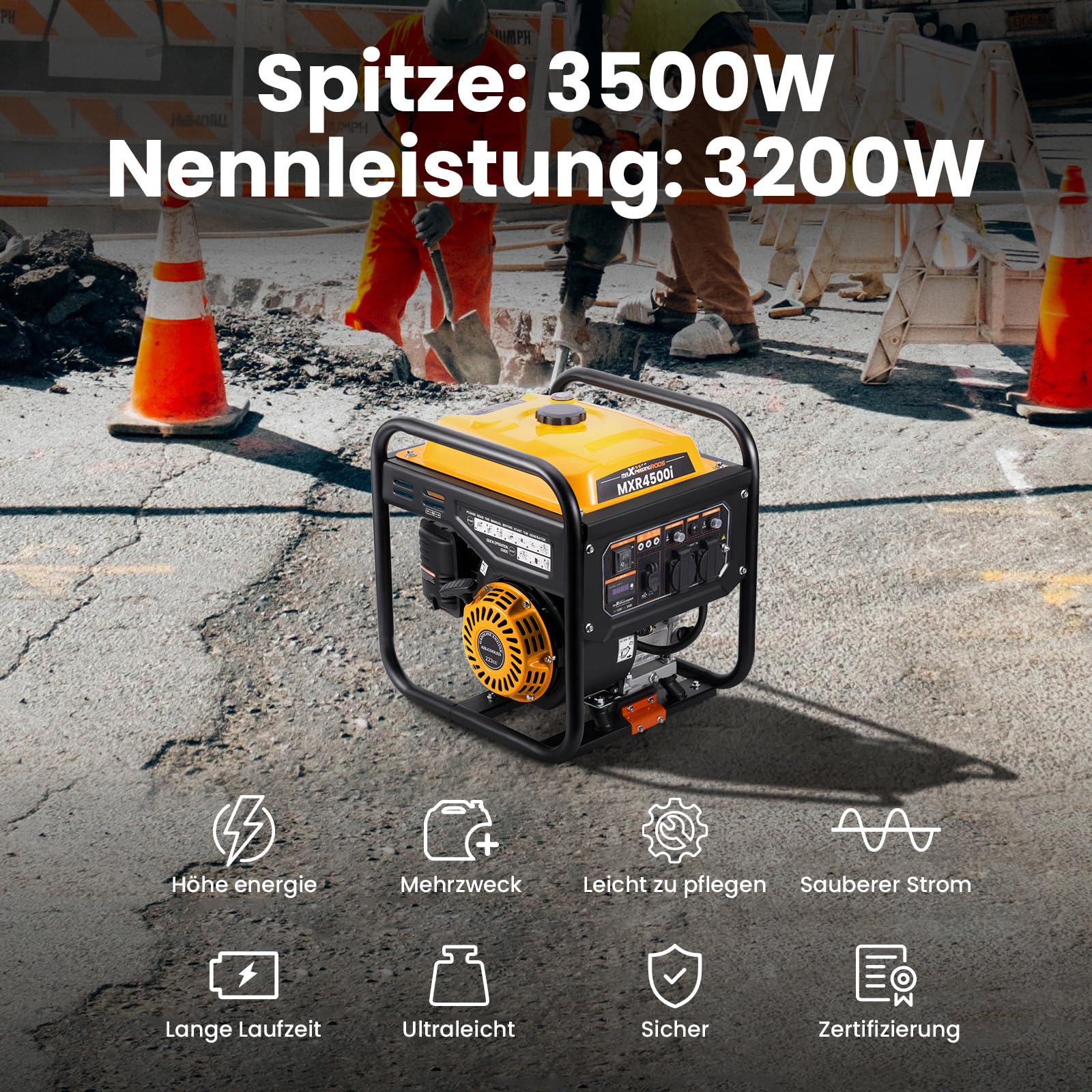 maXpeedingrods Inwerterowy generator prądu 3500 W, benzynowy, 4-suwowy z dwoma gniazdami 230 V, cichy i lekki jako awaryjny agregat prądotwórczy do domu, garażu, warsztatu, na plac budowy