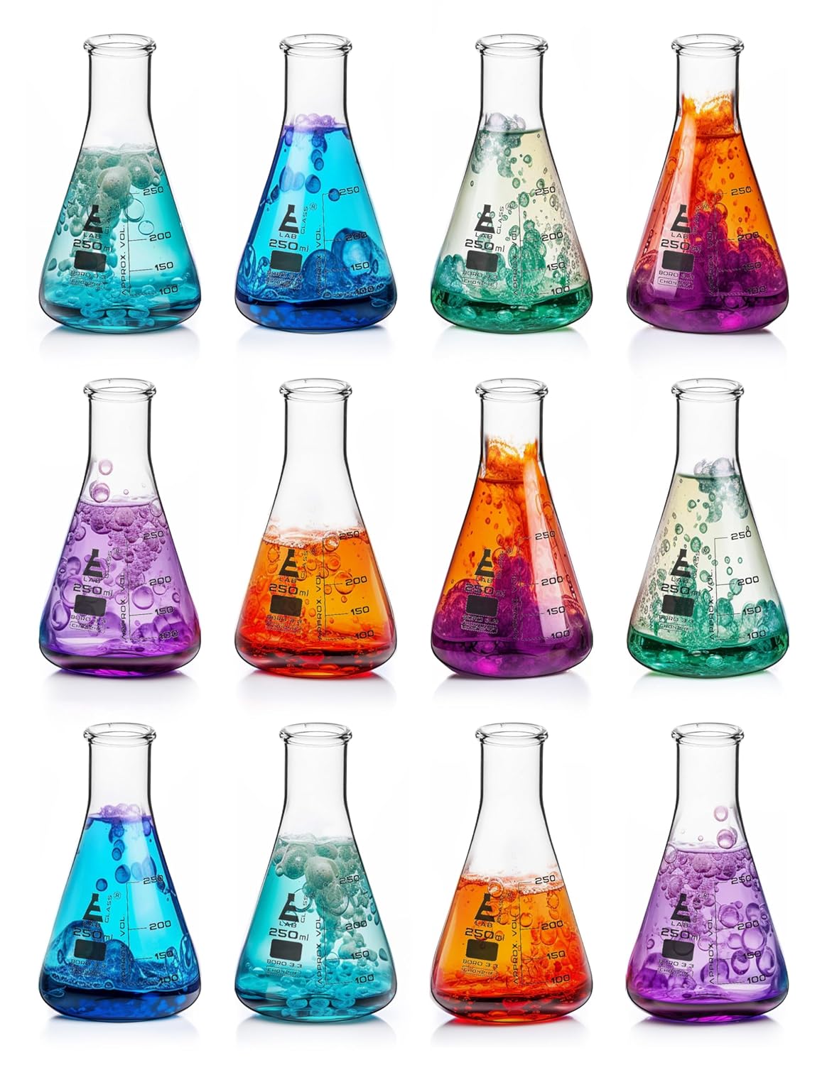 EISCO 12PK Erlenmeyer Flasks, 250mL - Borosilicate Glass - Narrow Neck, Conical Flasks