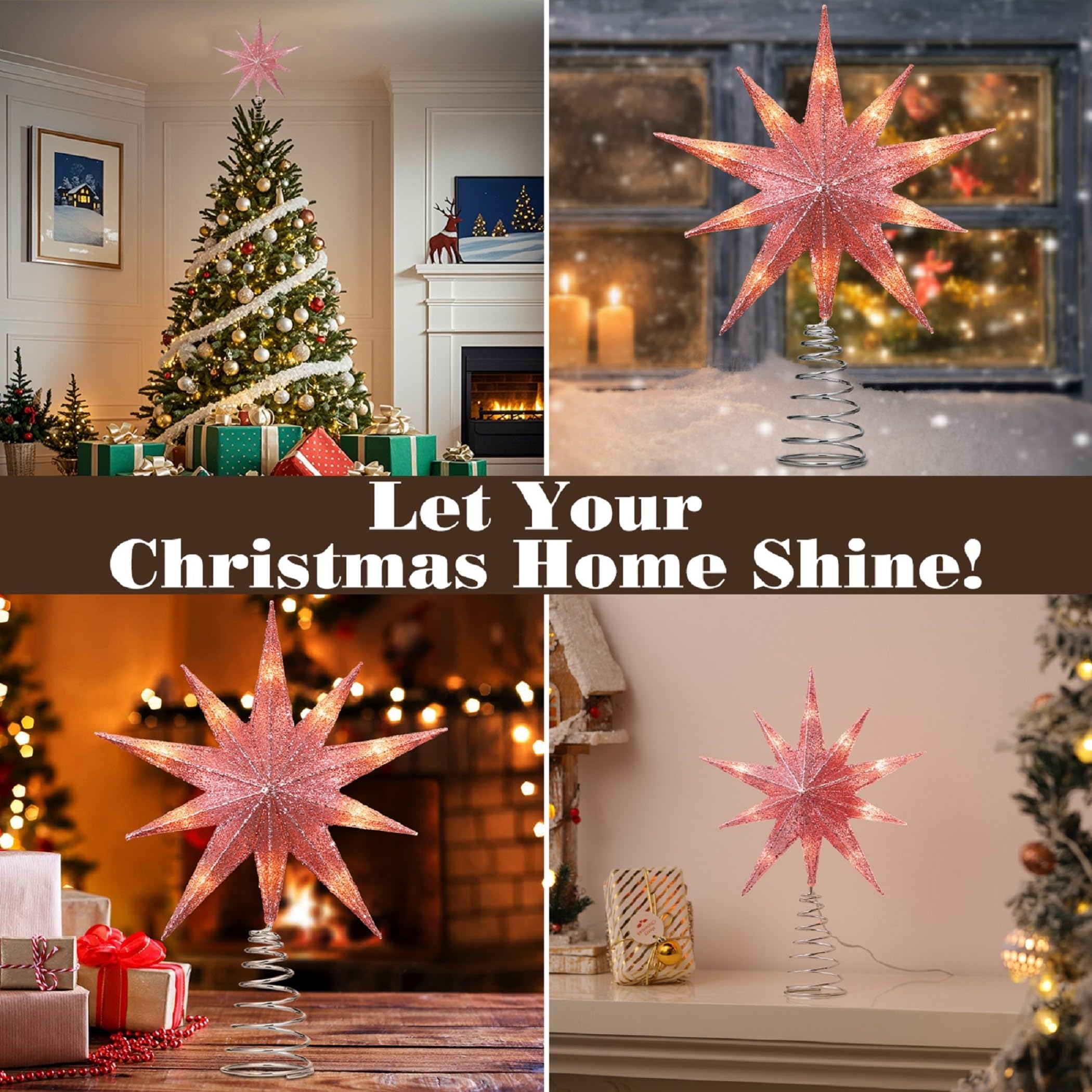 Lewondr Étoile de Cime d'arbre Noël, 13 Pouces Étoile de Noël à 10 Pointes Lumineuse avec Prise et Télécommande pour Décoration, Minuterie 6H & 8 Modes d'Éclairage, Lumière Chaude, Rose