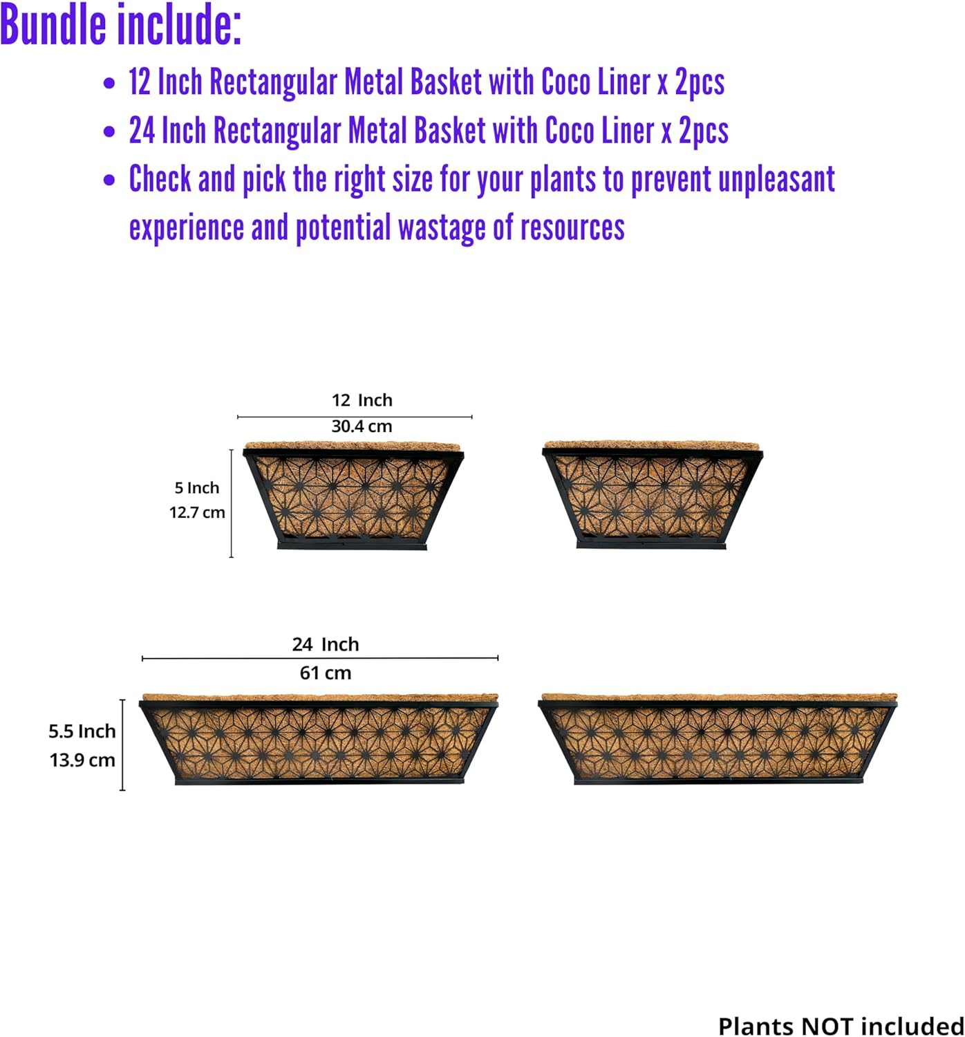 LaLaGreen Bundle - 2 Pack, 24 Inch + 2 Pack, 12 Inch Rectangular Black Metal Window Boxes Planter for Outdoor Plants, Wall Planters with Coco Liner Modern Garden Deck Railing Balcony Patio Fence Decor