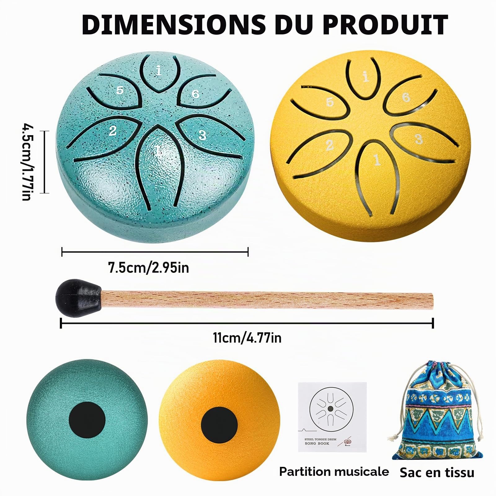 Lot de 2 Mini Tambours à Langue en Acier 6 Tons avec Maillets, Steel Tongue Drum pour Méditation, Yoga, Relaxation, Guérison Sonore et Éveil Musical