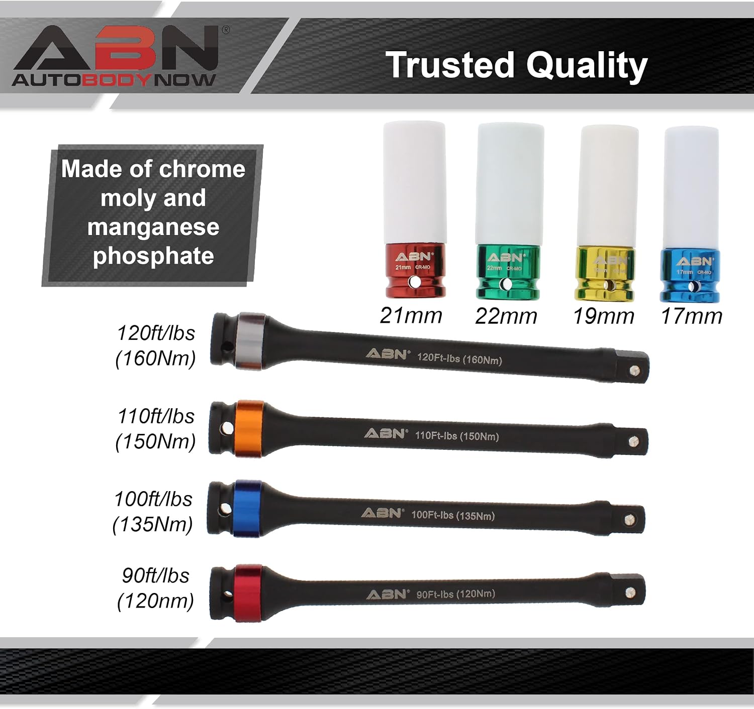 ABN 1/2in Drive Impact Socket Set Metric 17-21mm and 4pc Lug Nut Torque Stick Extension Limiter 90-120 ft/lbs 120-160 Nm