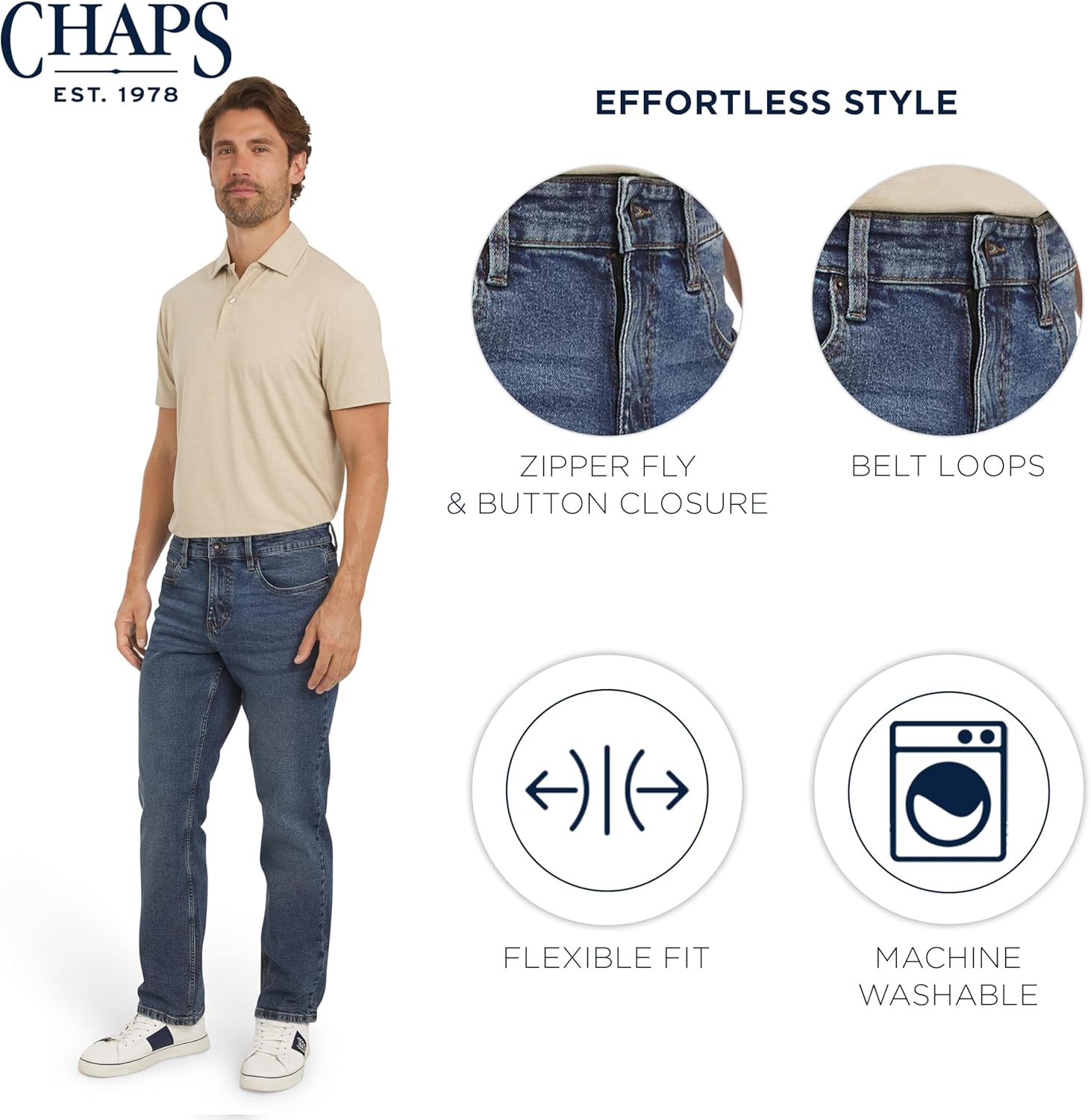 Chaps Mens 5 Pocket Relaxed Fit Stretch Waist Denim Jeans - Image 6