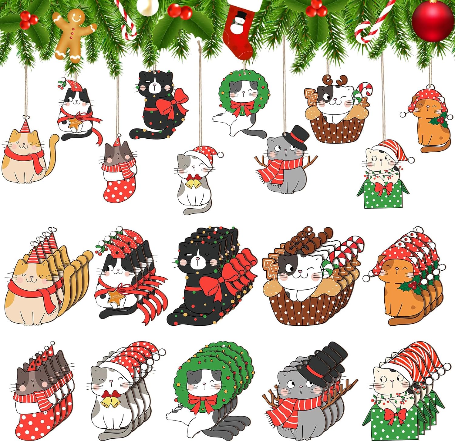 Spiareal 40 Pcs Christmas Cat Ornament Set Xmas Decor Tree Hanging Cat Wooden Holiday Decoration Ornaments for Christmas Tree Outdoor Hanging (Cute)