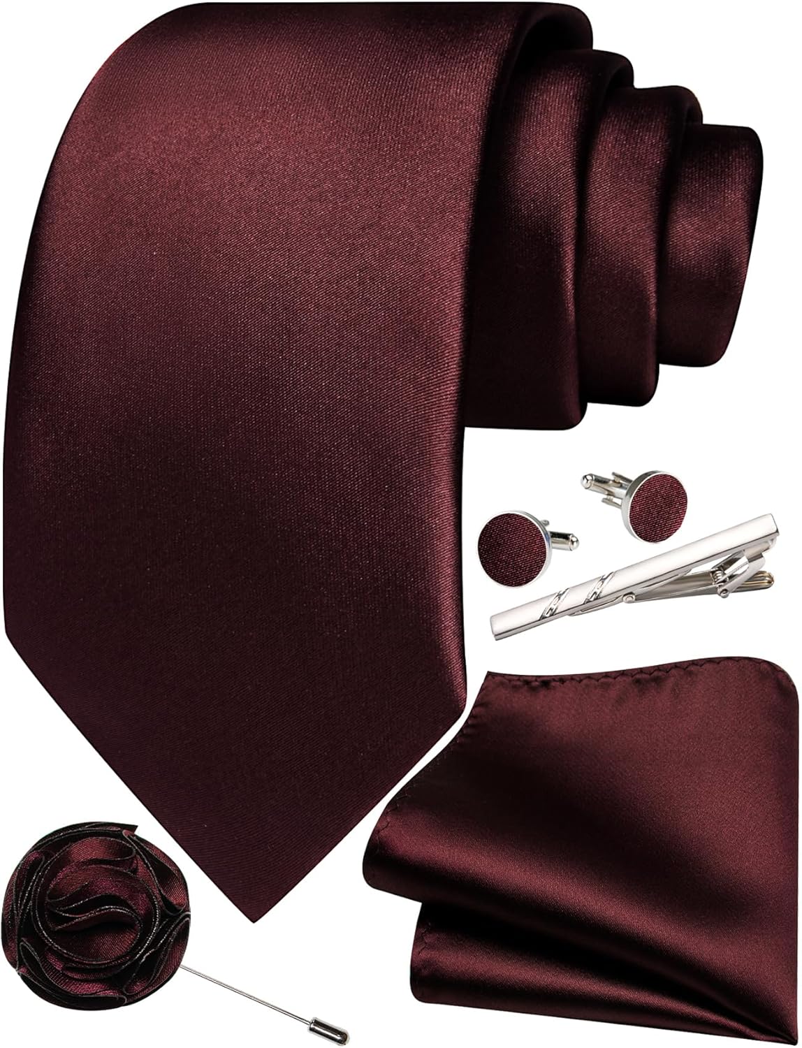 Solid Color Ties for Men Silk Satin Necktie and Pocket Square Cufflinks Tie Clip Lapel Pin Set Wedding Business 5PCS - Image 2