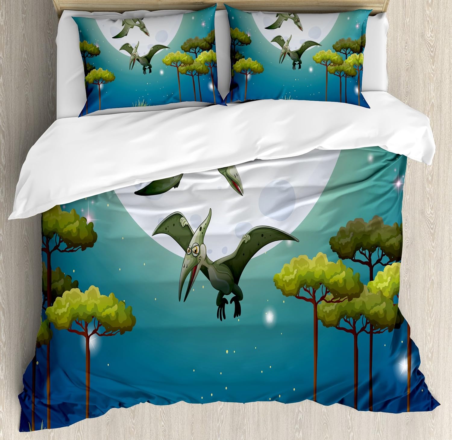 Ambesonne Dinosaur Duvet Cover Set, Cartoon Style Dinosaurs Flying on Full Moon Night Enchanted Forest, Decorative 3 Piece Bedding Set with 2 Pillow Shams, Queen Size, Green White Blue