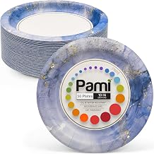 PAMI Disposable Paper Plates 10 Inch, Pack of 50 Plates, Sapphire Mist Collection Heavy Duty Dinner Plates, Oil & Water Resistant, Microwave Safe