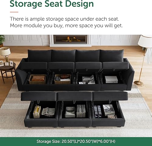 Miniatura 4 de HONBAY Sofá modular modular de terciopelo en forma de U con otomanas, sofá modular convertible de 7 plazas con asiento de almacenamiento, color negro