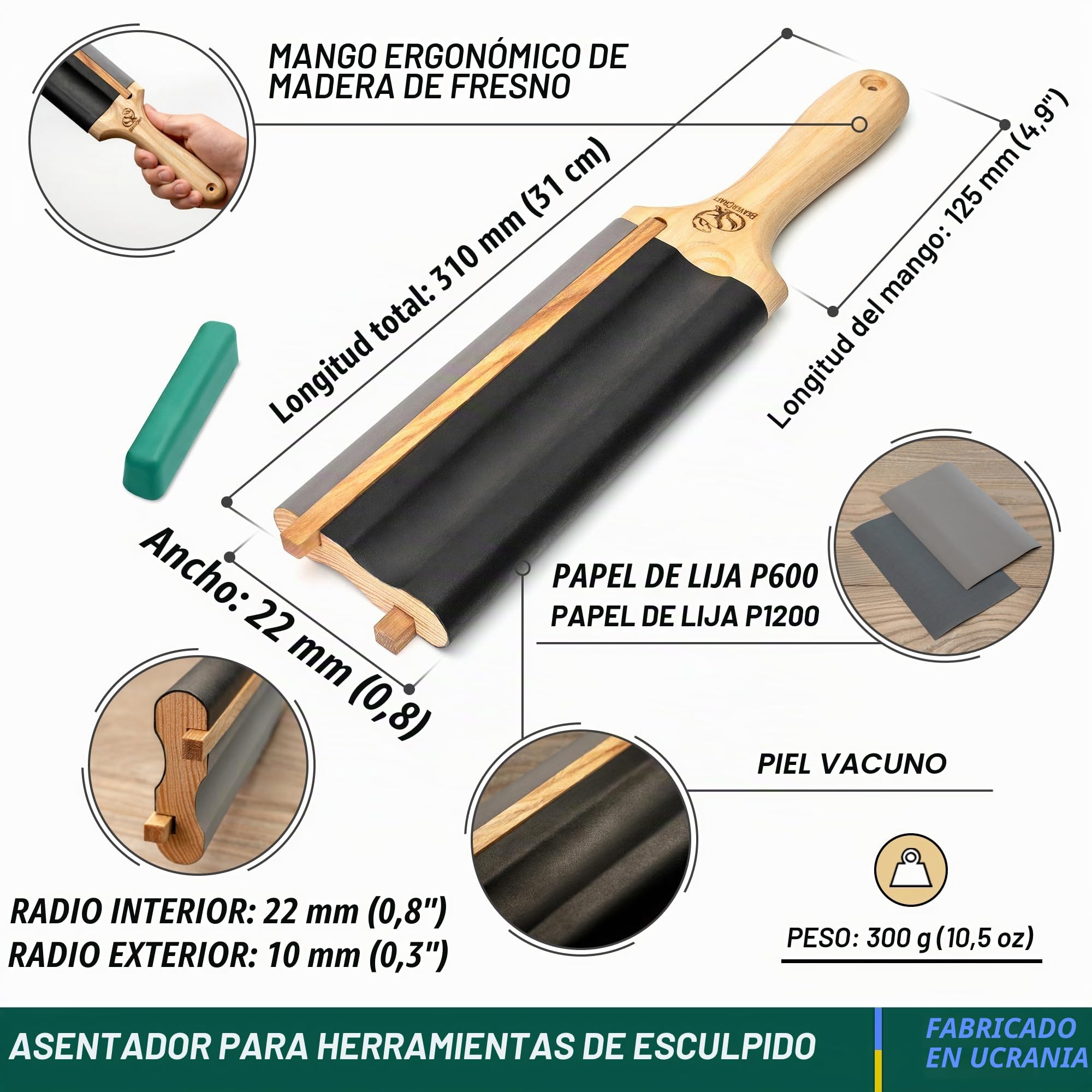 BeaverCraft, Afilador de Gubia para Tallar Madera LS5P1 con Compuesto de Pulido - Gubia para Tallar Madera - Herramientas de Afilado de Cuchillo de Gancho - Kit de Afilado de Cuero para Herramientas