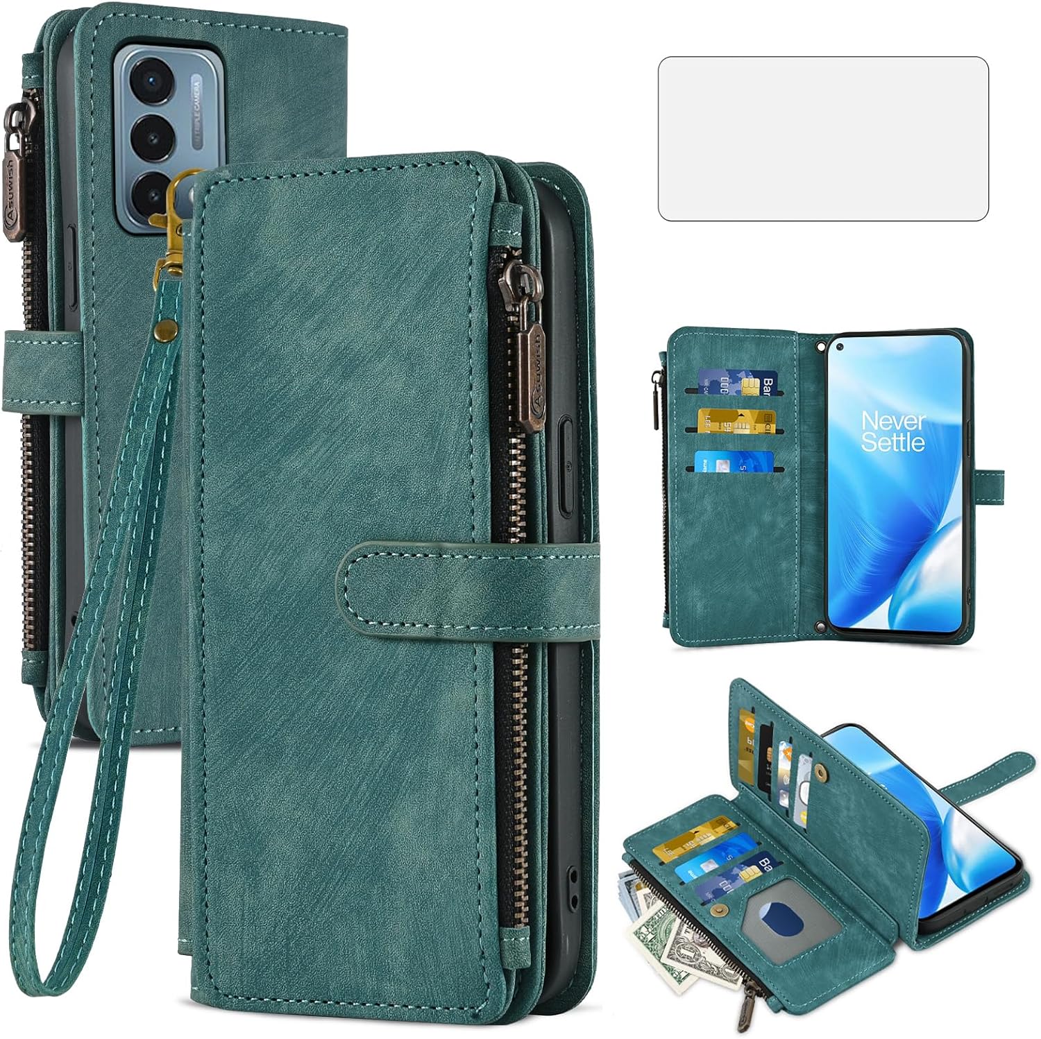 Asuwish Phone Case for OnePlus Nord N200 5G Wallet Cover and Tempered Glass Screen Protector Flip Card Holder Cell Accessories One Plus N 200 G5 1 Plus 200N 1plus One+ 1+ N2005G 2021 Women Men Blue