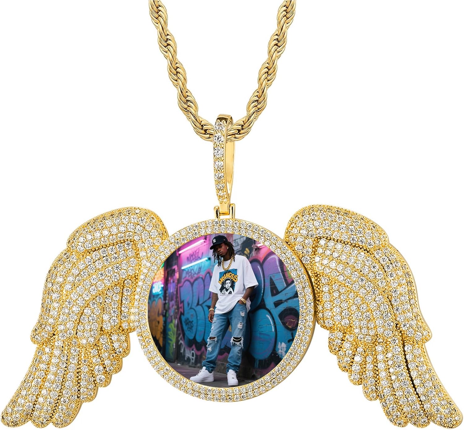 Hiyong Personalized Picture Necklace for Men Women 18K Gold Plated Custom Photo Pendant with Memory Medallion Choose Tennis Cuban or Rope Chain - Necklace for Hip Hop Jewelry Lovers