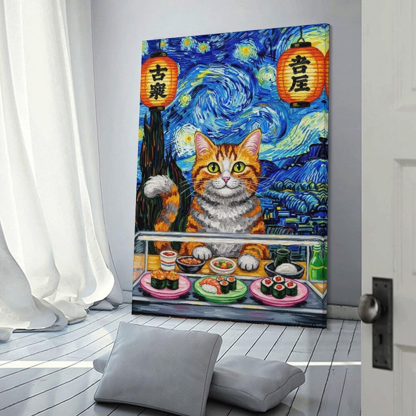 Junmoney Frame-Style-15-1 Van Gogh Style Cat Sushi Restaurant Room Decor Wall Art, 20X30inch(50X75cm), For Entrance Spaces, Stair Walls Or Halls, A Stylish Accent For Home Entrances
