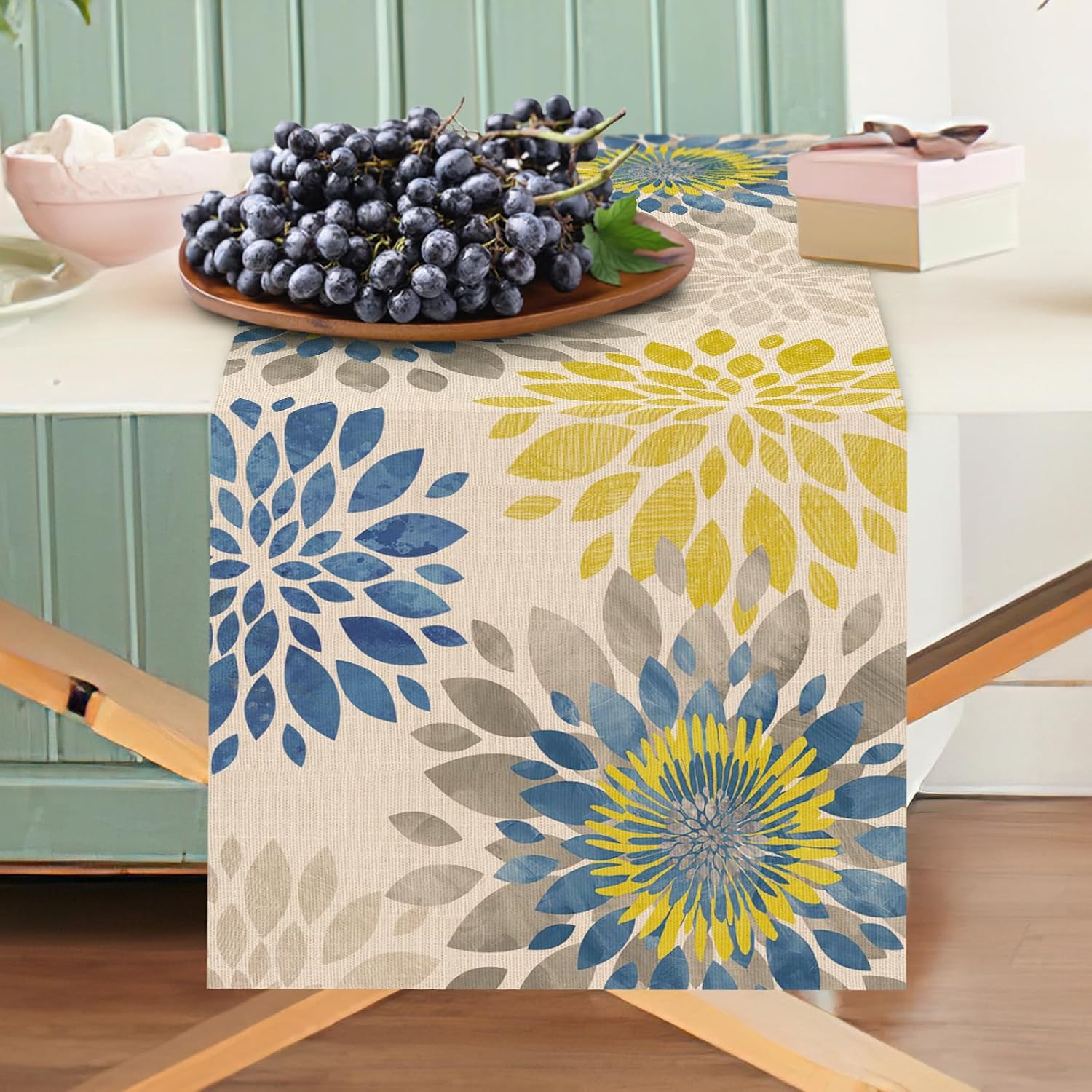 Geometric Dahlia Flower Dining Table Runner, Blue Yellow Floral image 4