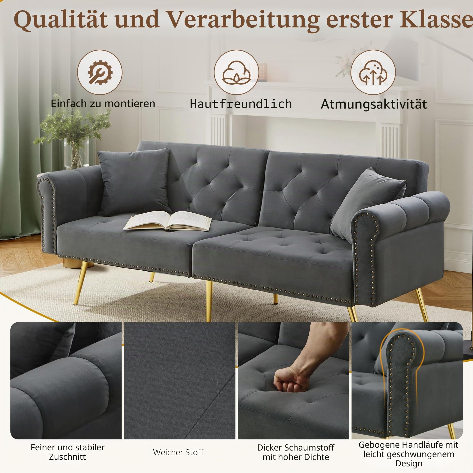 Schlafsofa 2 Sitzer mit Schlaffunktion – Verstellbares Sofa aus Samt, Schlafcouch klappbar & platzsparend, kleines Sofa für Wohnzimmer & Gästezimmer (Antique Gray)