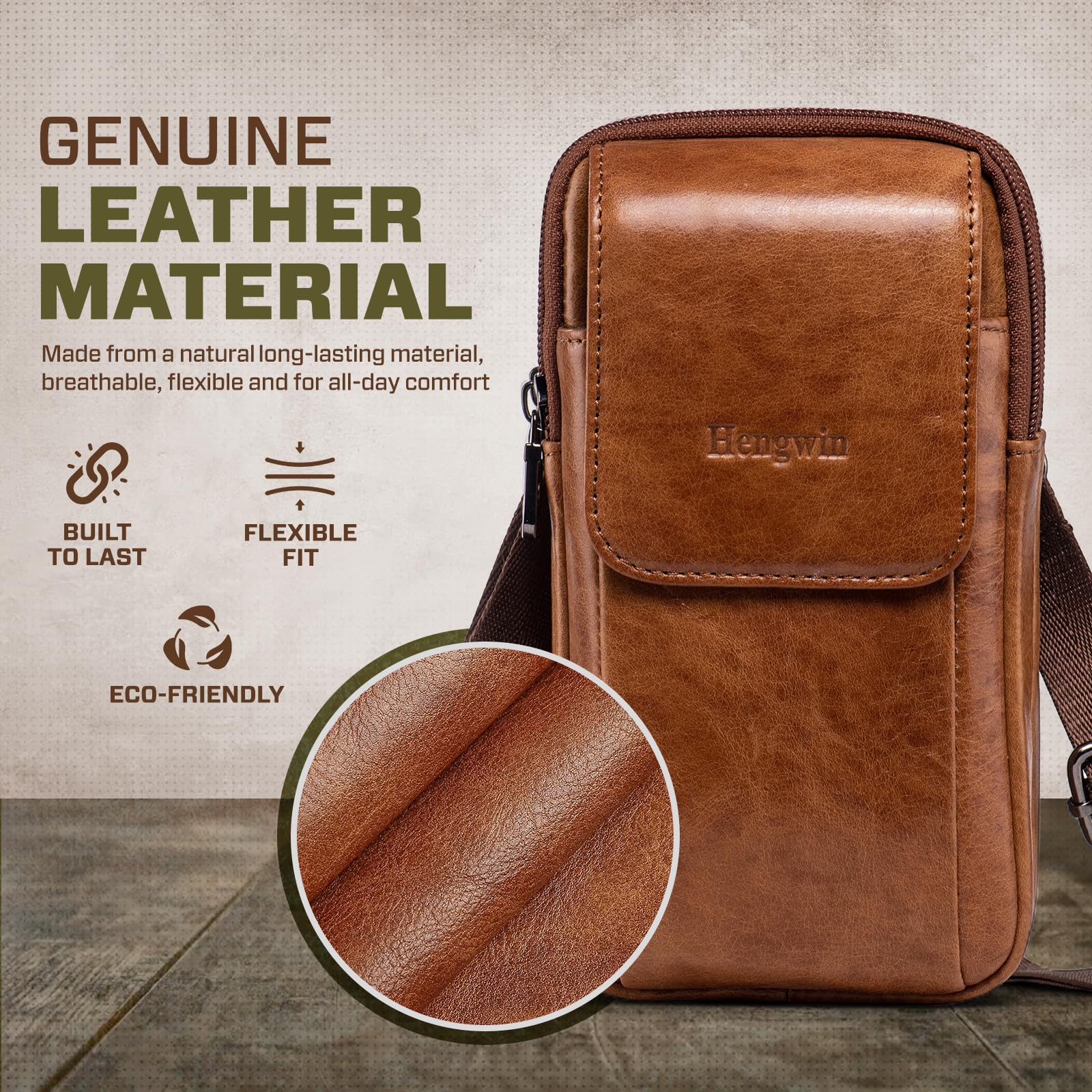 Multifunktionale Echtleder Doppel Reißverschluss Taschen Männer Vintage Look Umhängetasche Handy Gürtel Tasche Telefon Holster für Reisen, Outdoor Aktivitäten