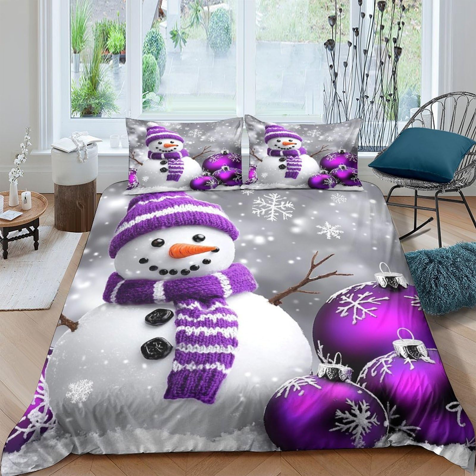 Ctjqhvkz Style-9 3D Printed Snowman Purple Ornament Fitted Sheet Microfiber Soft Bed Cover For Bedroom Guest Room Dorm Room Decor Single（135X200cm）