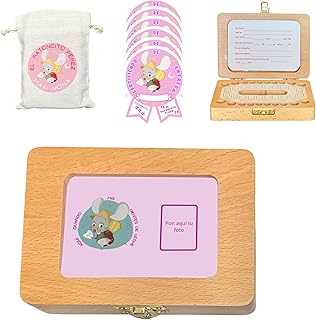 MAXI NONA MAXINONA.COM Caja para guardar dientes de leche con 12 certificados del Ratoncito Pérez - Regalo original para niños y niñas - Recuerdo infantil (Rosa)