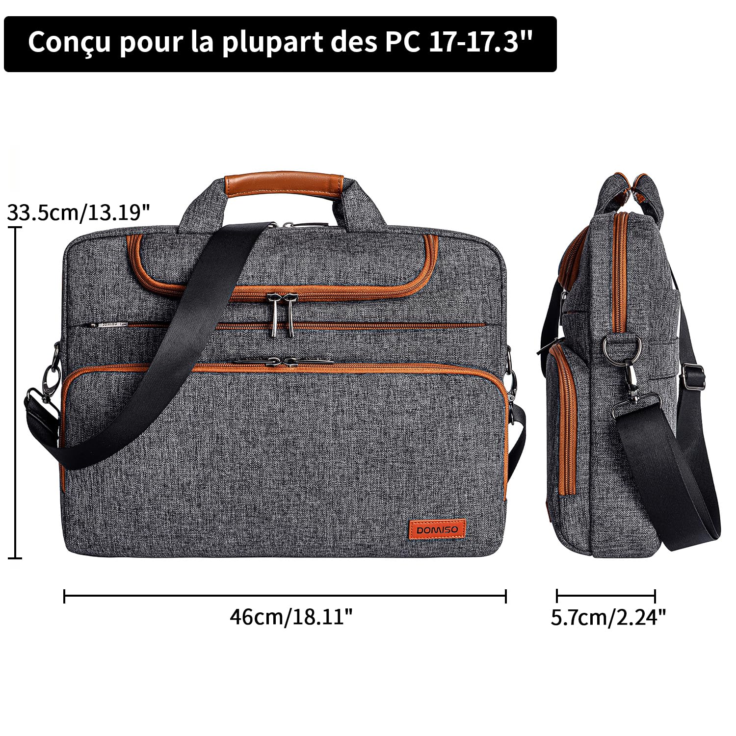 DOMISO Sacoche Ordinateur 17 Pouces Résistant à l'Eau Antichoc Pochette PC Portable Gamer Sac à Bandoulière Homme pour 17-17.3" Dell/Lenovo/Acer/HP/MSI/ASUS, Gris Foncé