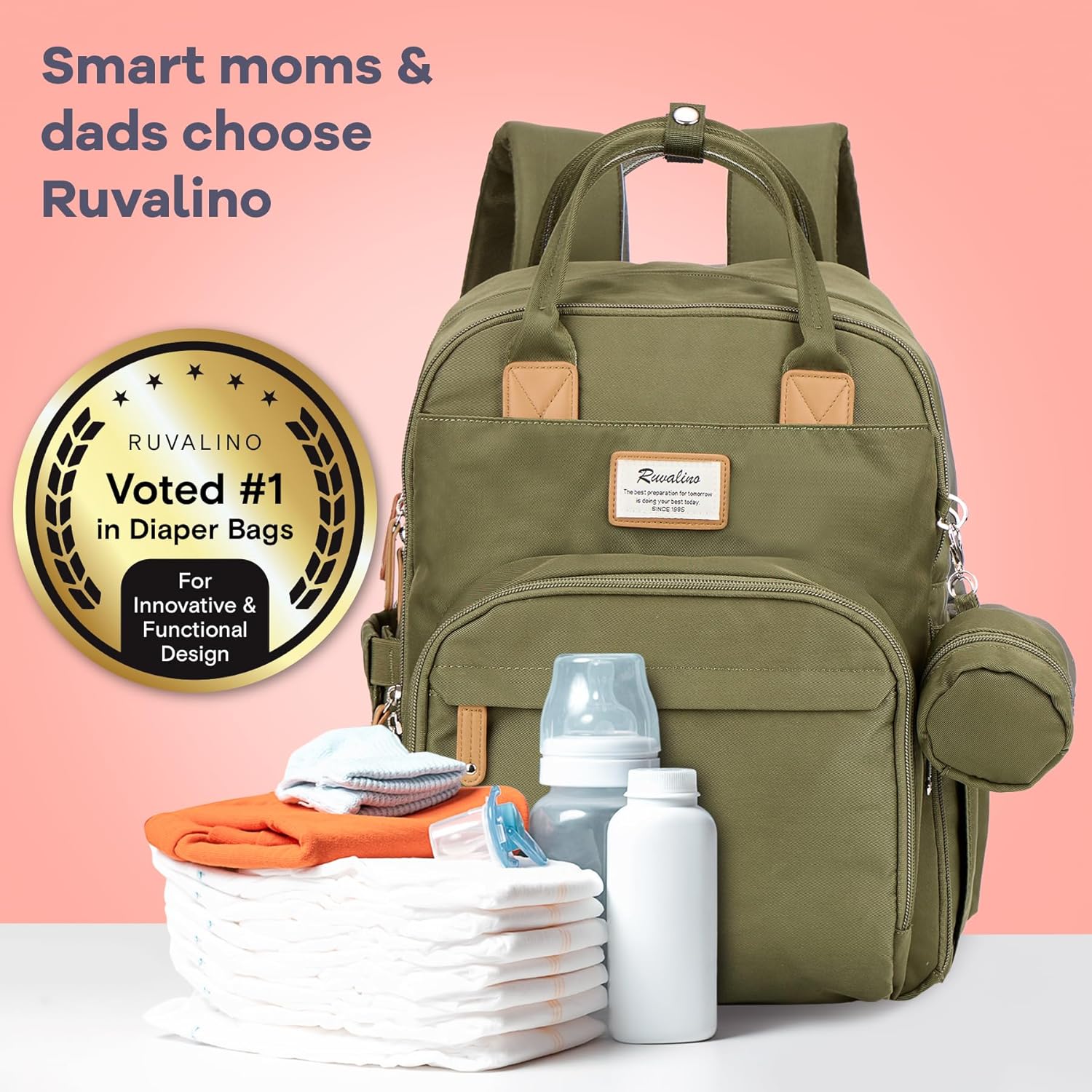 RUVALINO Diaper Bag Backpack - Multifunction Travel Back Pack Maternity Baby Changing Bags, Diaper Changing Totes, Large Capacity, Waterproof and Stylish, Baby Travel Essential, Army Green - Image 8