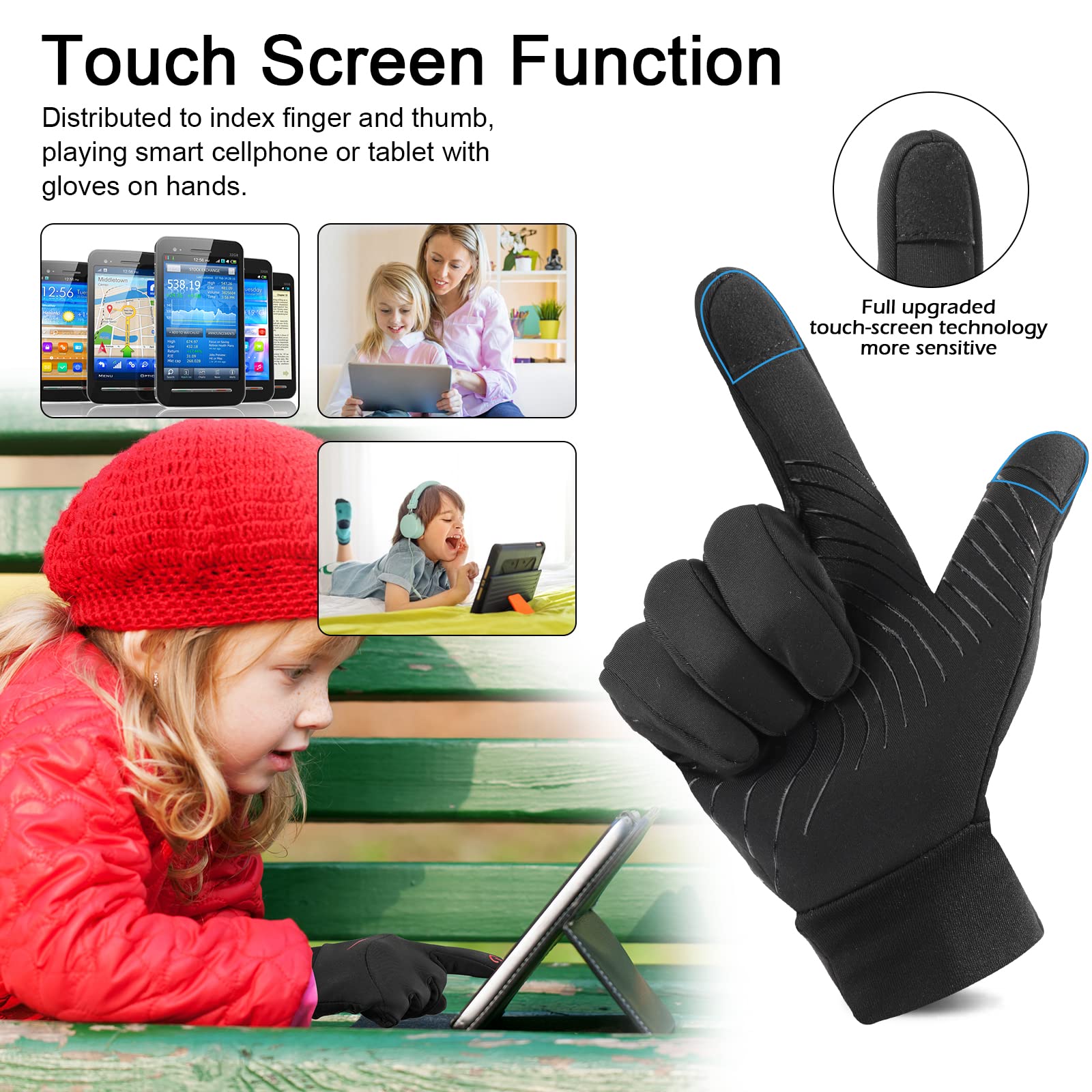 Gants de Cyclisme pour Sports d'hiver pour Enfants, Doublure en Polaire Chaud Gants d'écran Tactile,Coupe-Vent Imperméable Antidérapant Gants de Course Vélo Ski,pour Garçons Filles 4-12 Ans