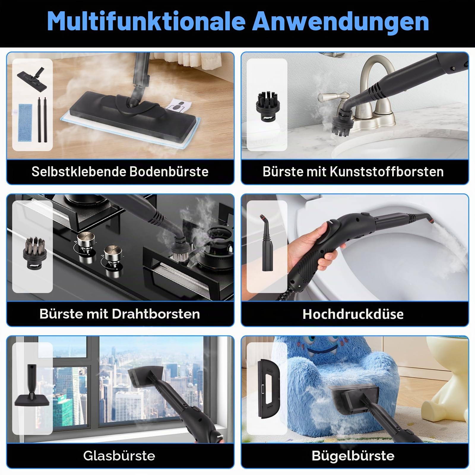 Dampfreiniger 2000W Nexalite, 4 bar Hochdruck, 1600 ml Tank, 15-tlg Zubehör | 4 bar Tiefendampf, 3–7 Min Aufheizen; 1600 ml Langlauf; 15 Teile Set; für Fliesen, Fenster, Bad, Auto-Innenraum