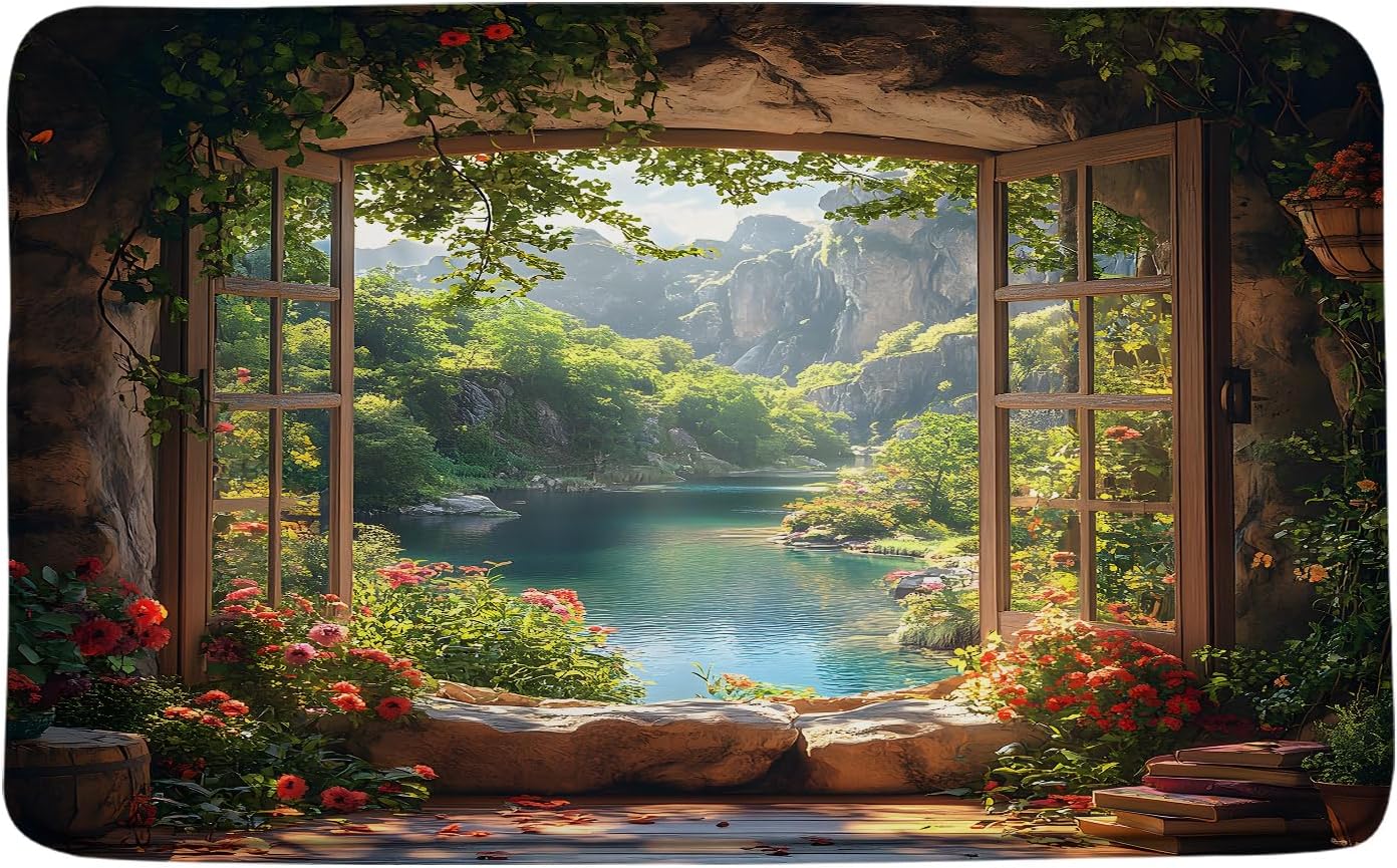 Nature Garden Bath Mat Forest Mountain Stone Wall Flower Green Leaf Vine Rustic Farmhouse Cabin Window Scenery Bathroom Mat Rug Memory Foam Carpet Doormat(16x24 Inch and 16x48 Inch)