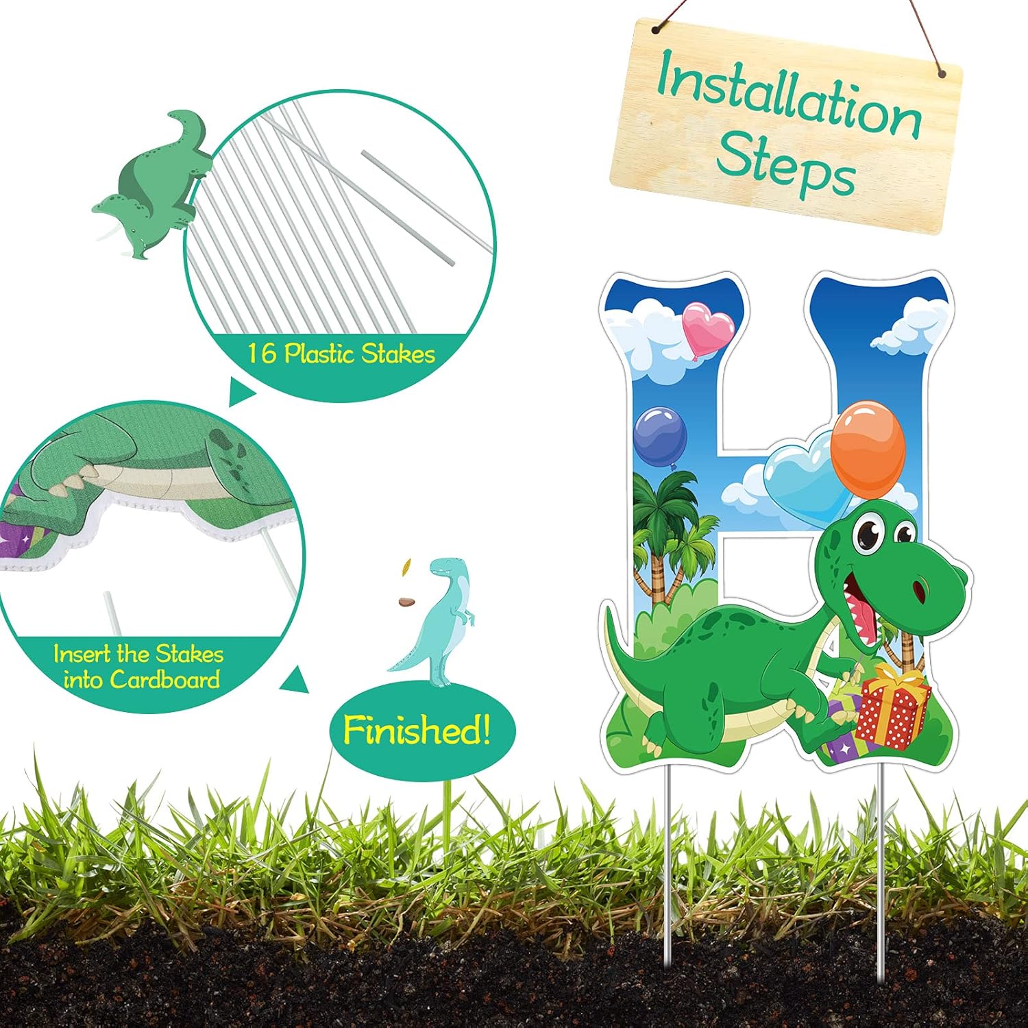 13 Pieces Happy Birthday Yard Sign Dinosaur Birthday Decorations Plastic Large Size Decorative Sign with Stake for Outdoor Garden Lawn