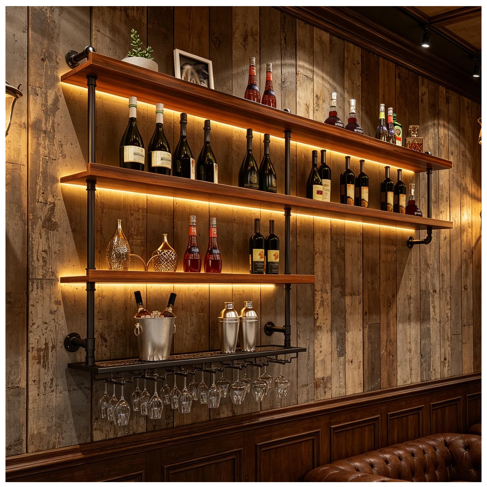 Casier à Vin Mural en Bois Massif, Porte-Bouteilles Muraux Industriels avec Lumière LED, Étagère à vin Murale vec Porte-Verre pour Cuisine Bar Salle (100 cm)