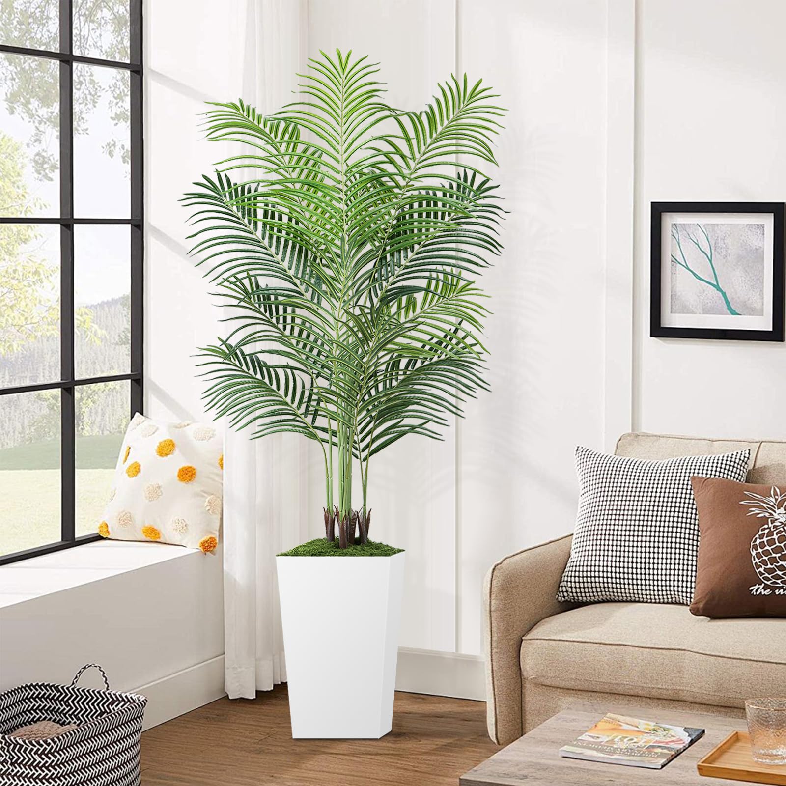 Palmier Artificiel de 1,8 m avec Pot Blanc – Grand Faux Palmier Tropical en Pot avec véritable écorce pour la Maison, Le Bureau, Le Salon, la Chambre, la Ferme et la décoration Moderne