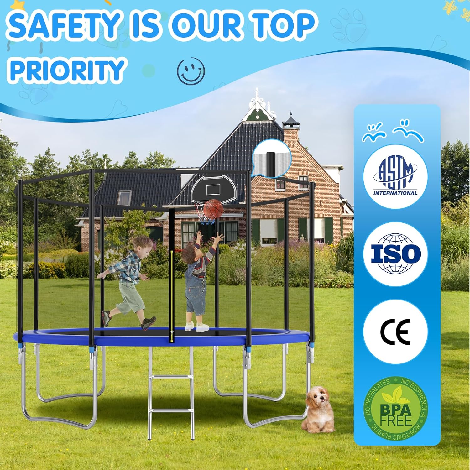10 Tranpolin with Basketball Hoop for Kids and Adults, Outdoor Tranpolin with Safety Enclosure Net, Recreational Tranpolin for Backyard Park ASTM Approved