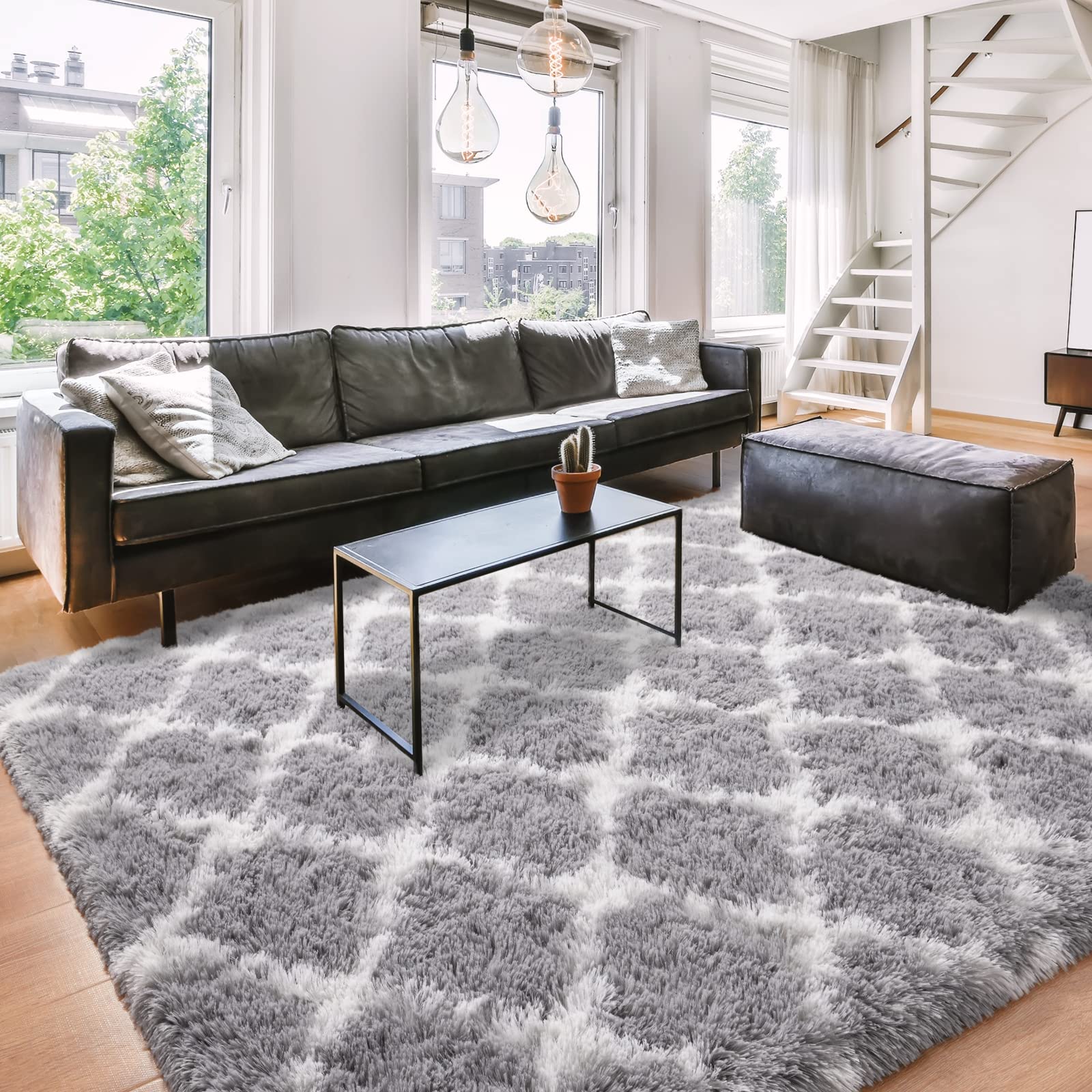 Merelax Fluffy Rug Modern Indoor Plush Bedroom Rug, Luxury Fuzzy Living Room Area Rug, Soft Geometric Moroccan Carpets for Boys Girls Kids Nursery Room 5x8, Grey