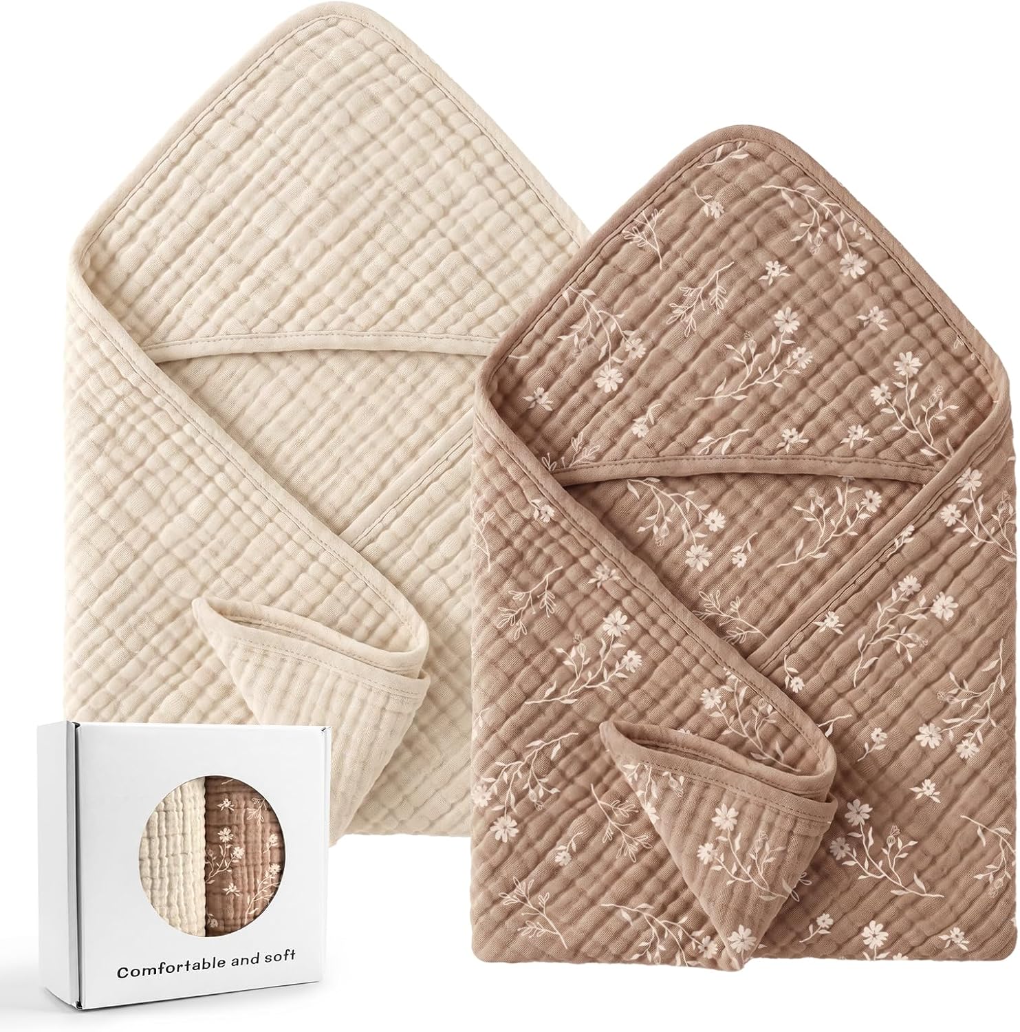 Tunnkit Muslin Hooded Baby Towels for Newborn, 32x32 Inch Floral Hooded Baby Bath Towels, 2 Pack Soft and Absorbent Cotton Baby Towels for Infants and Toddlers, Baby Essentials（Beige & Brown）