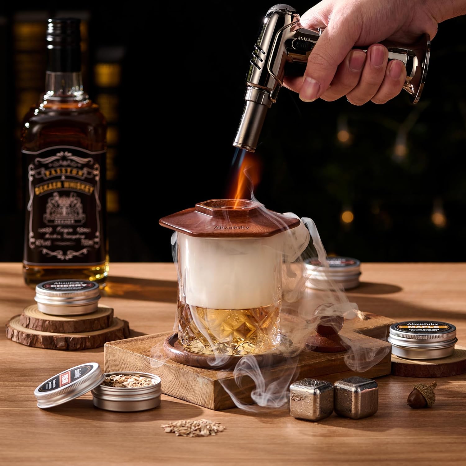 Gift for Whiskey Lovers - Ahzufuky Whiskey Smoker Kit, Complete Home Bar Set with Torch & 6 Wood Chips, Fun & Easy Old Fashioned Cocktail Smoker, Birthday Gift for Men Husband, Dad, Bourbon Enthusiast