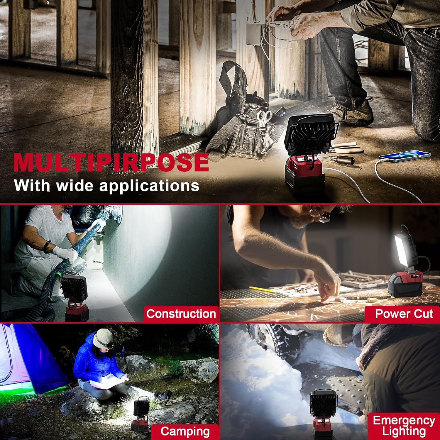 2PCS Cordless LED Work Light Compatible with Milwaukee 18v Battery,70W 7000Lumens Battery Powered LED Flood Light Only, with USB & Type-C Charging for Emergency, Workshop, Outdoor Activities