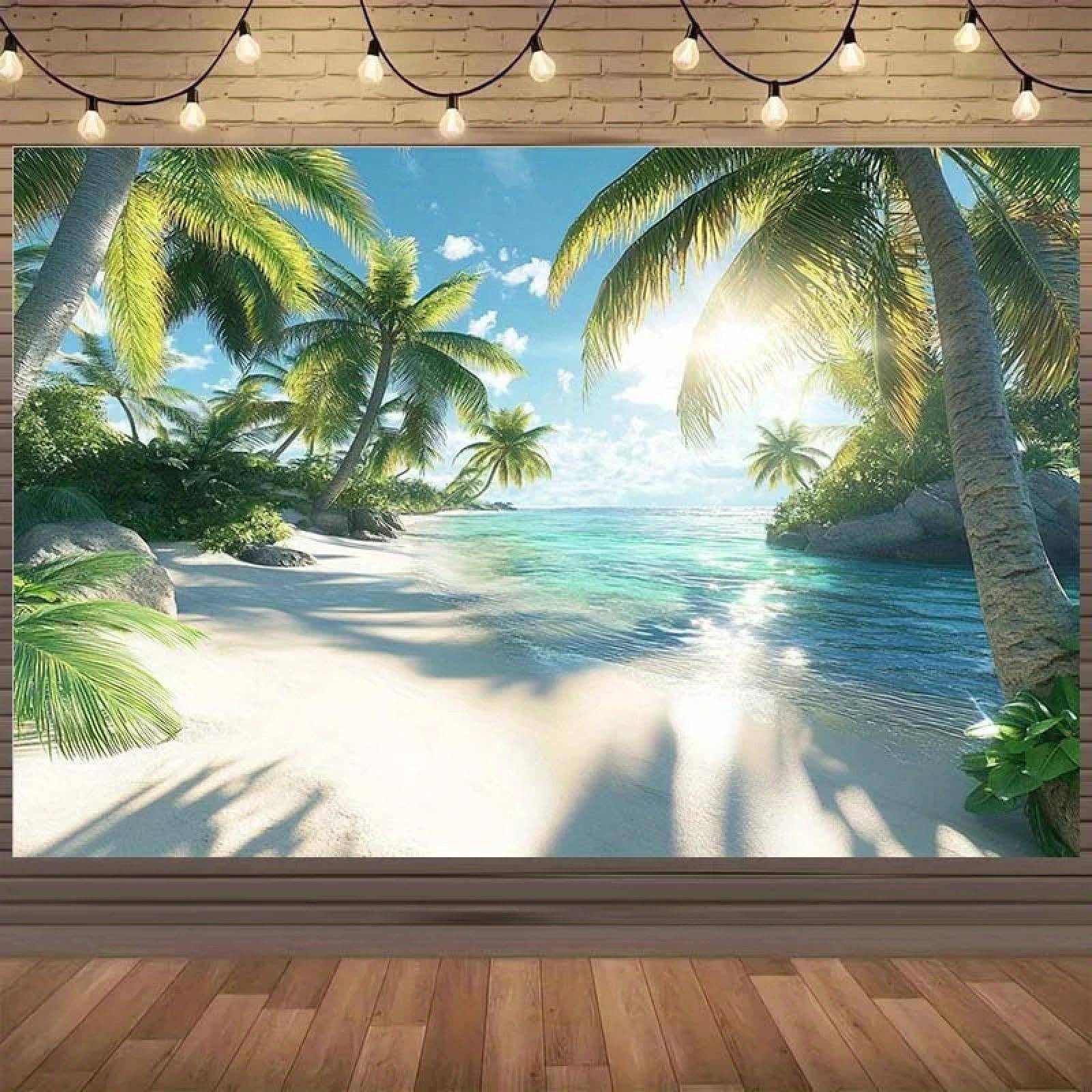 1 chusta w tle Tropical Paradise Beach - realistyczna fotografia krajobrazu z palmami i falami