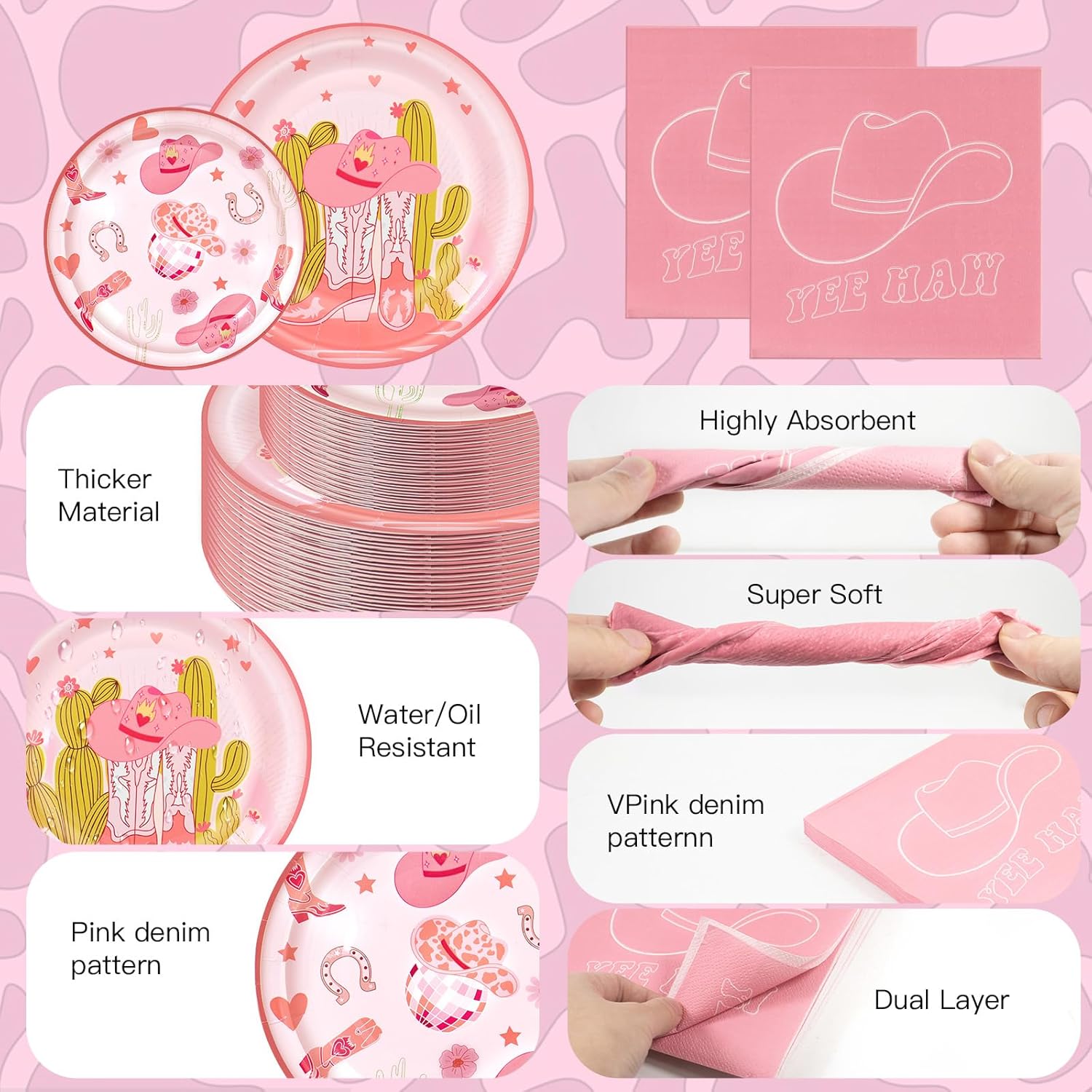 150PCS Cowgirl Birthday Party Decorations - Western Themed Paper Plates and Napkins for 50 Guests, Disposable Tableware Supplies for Wild West, Baby Shower, Cowgirl Rodeo, Country Parties - Image 4