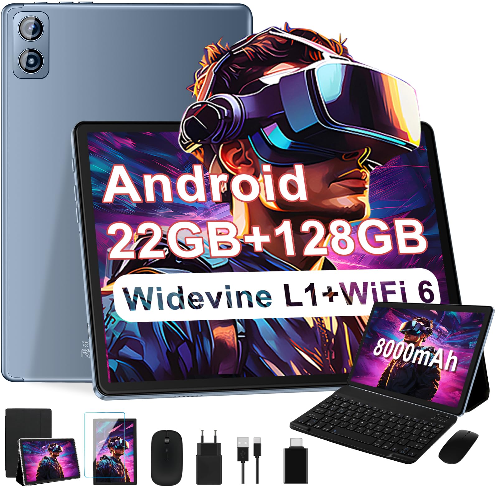 Dghrti Tablet Android, 22GB RAM+ 128GB ROM (Expandable 1TB TF), 8000mAh, Widevine L1, BT5.0, 8+5MP Tableta with Mouse - Gray