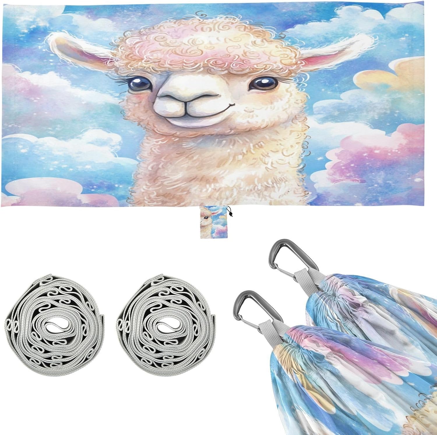 ALAZA Llama Cute Alpaca Watercolor Camping Hammocks Single or 2 Person 500 lbs Portable Parachute Travel Hammock w/Tree Straps for Hiking Backpacking Indoor Outdoor