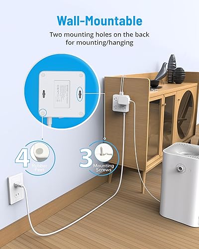 Miniatura 5 de TROND Regleta de alimentación de 2 clavijas, cable de extensión de 5 pies con 4 salidas de CA ampliamente espaciadas y 4 puertos de carga USB y tira