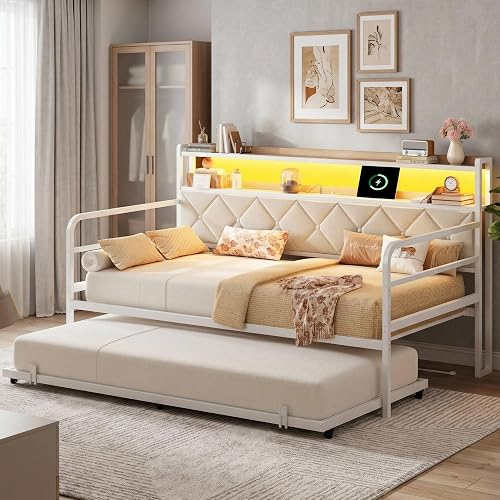 LIKIMIO Twin Daybed with Trundle, 700lbs Capacity, LED Lights &