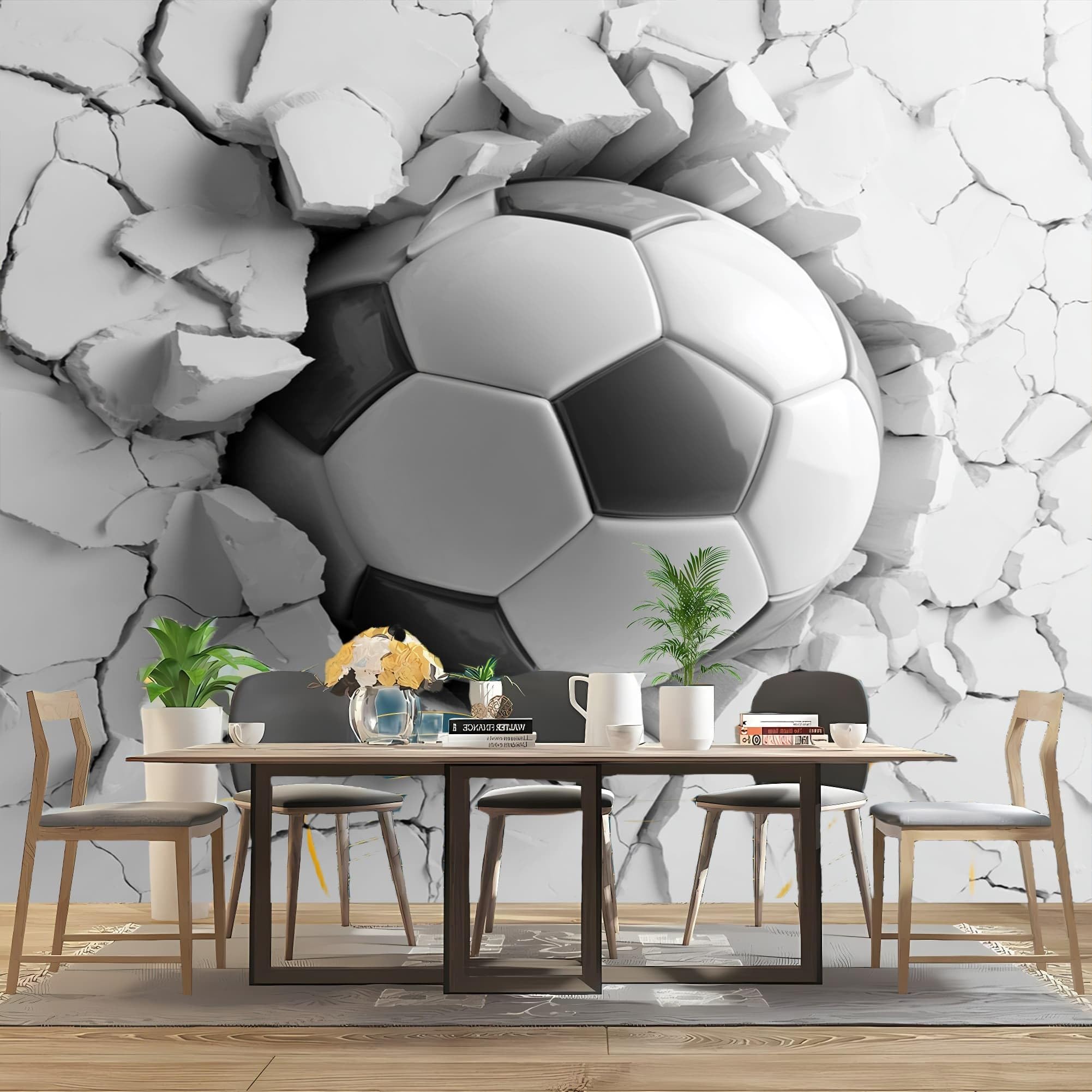Salon Naklejki ścienne 400 x 280 cm Sport Piłka nożna Łamanie ściany Efekt 3D Mural Tapeta Biała włóknina Plakat Projekt pokoju zabaw korytarz salon ściany