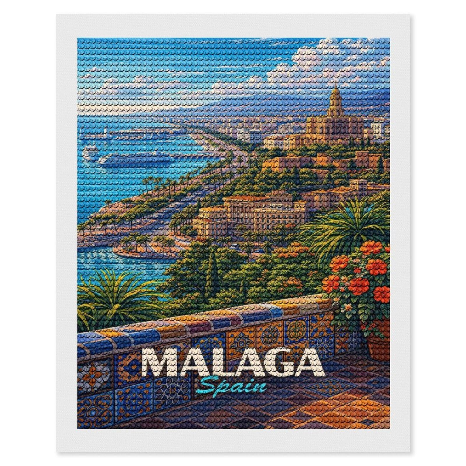 Junmoney Malaga, Spain Cityscape Diamond Painting Set 16"x20", Neat Printed Canvas, with Tool Kit, Bedroom Decor, Gift Idea, Complete Accessories