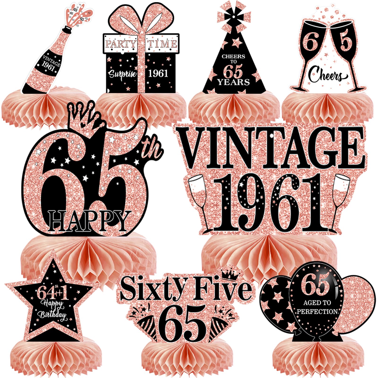 9Pcs 65th Birthday Decorations Honeycomb Centerpieces for Women, Rose Gold Pink Happy 65th Birthday Centerpieces Tables Toppers Party Decorations Supplies, Vintage 1961 Aged Table Sign Decor