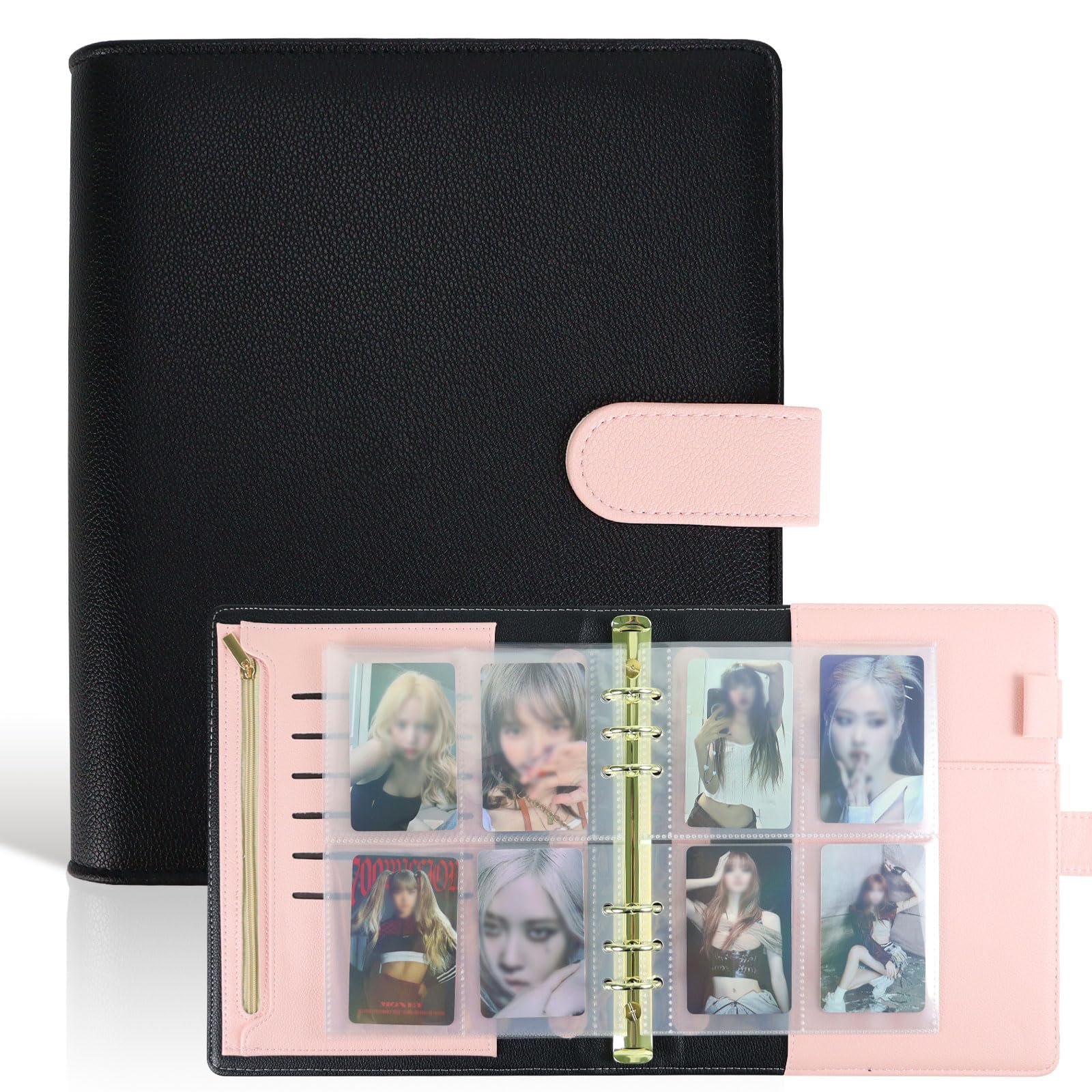 Classeur de cartes photo Kpop A5 anti-poussière en cuir noir avec 240 pochettes de rangement
